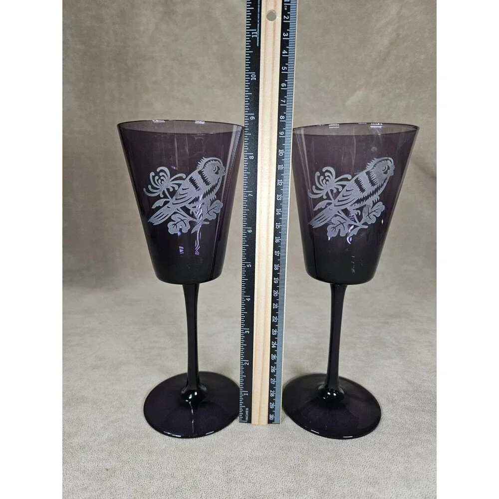 Dark Purple Amethyst Glass Water Goblets Etched Floral and Birds Set of 2